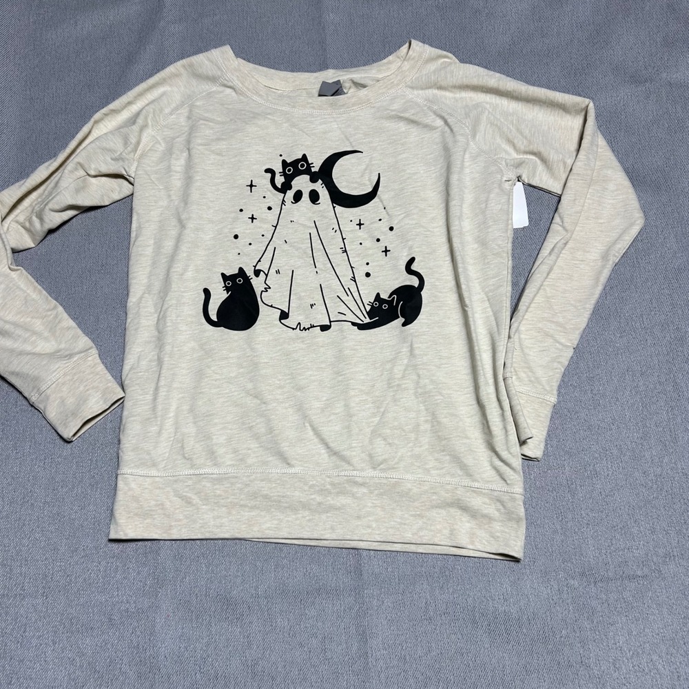 Instant Message Ladies Halloween Ghost Cats Sweatshirt L Beige Raglan Pullover